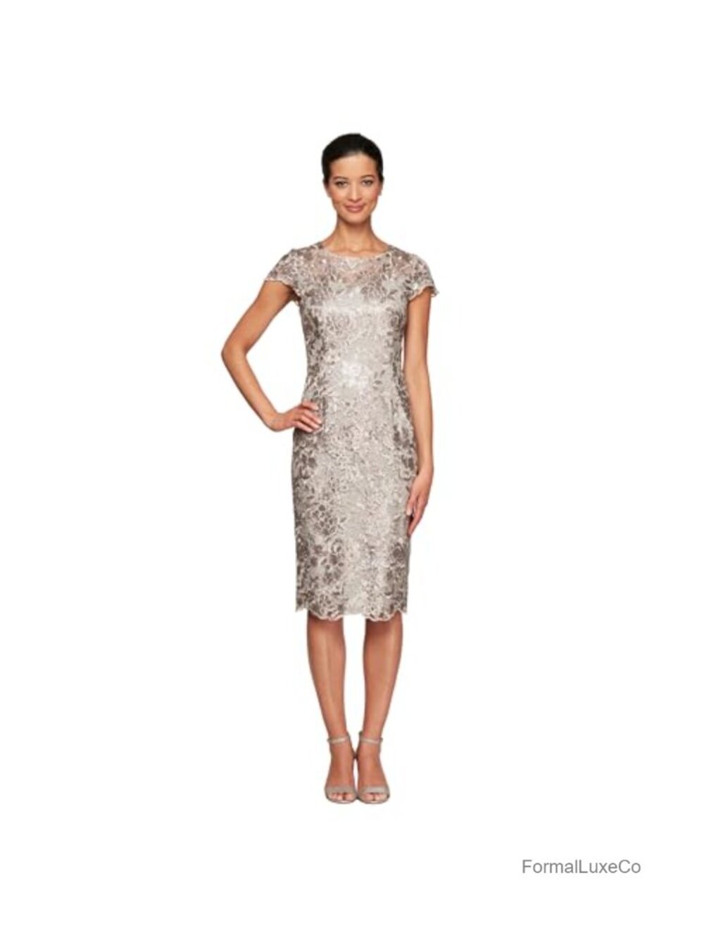 Floral Embroidered Sheath Cocktail Dress, Wedding Guest, Knee Length, Cap Sleeve